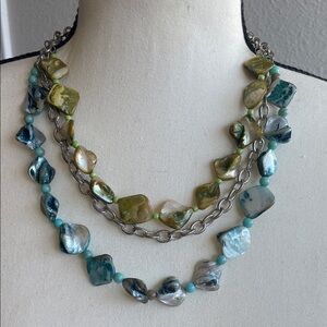 Faux Abalone Shell Necklace, Silver Tone Metal Chains, 3 Strands E3